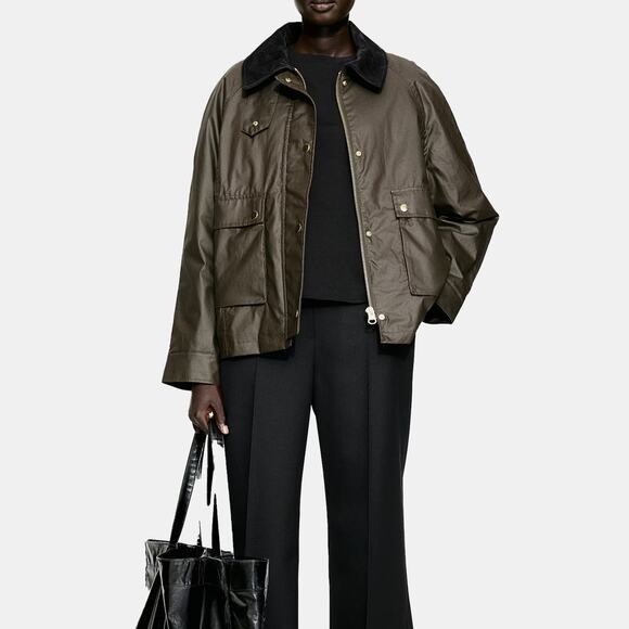 H&M Waxed Jacket Car Coat Barn Olive Khaki Green Brown Corduroy Collar small - Picture 2 of 7